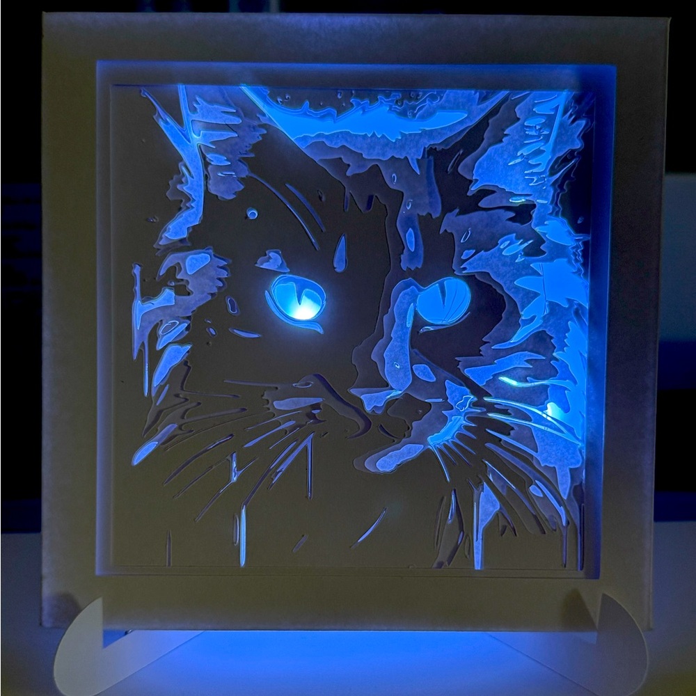 5x5” light up cat kitty art decor wall desk cool 3D shadow box framed Nebelung